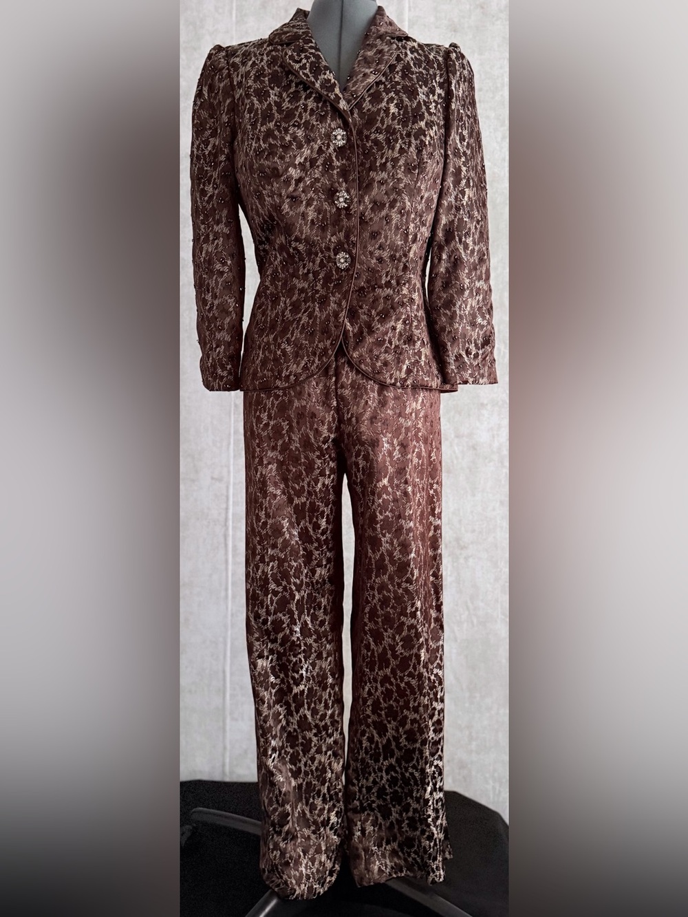 Vintage Jackie Jon NY Leopard Pants Suit 8 Jacket  Trousers Animal Print Formal